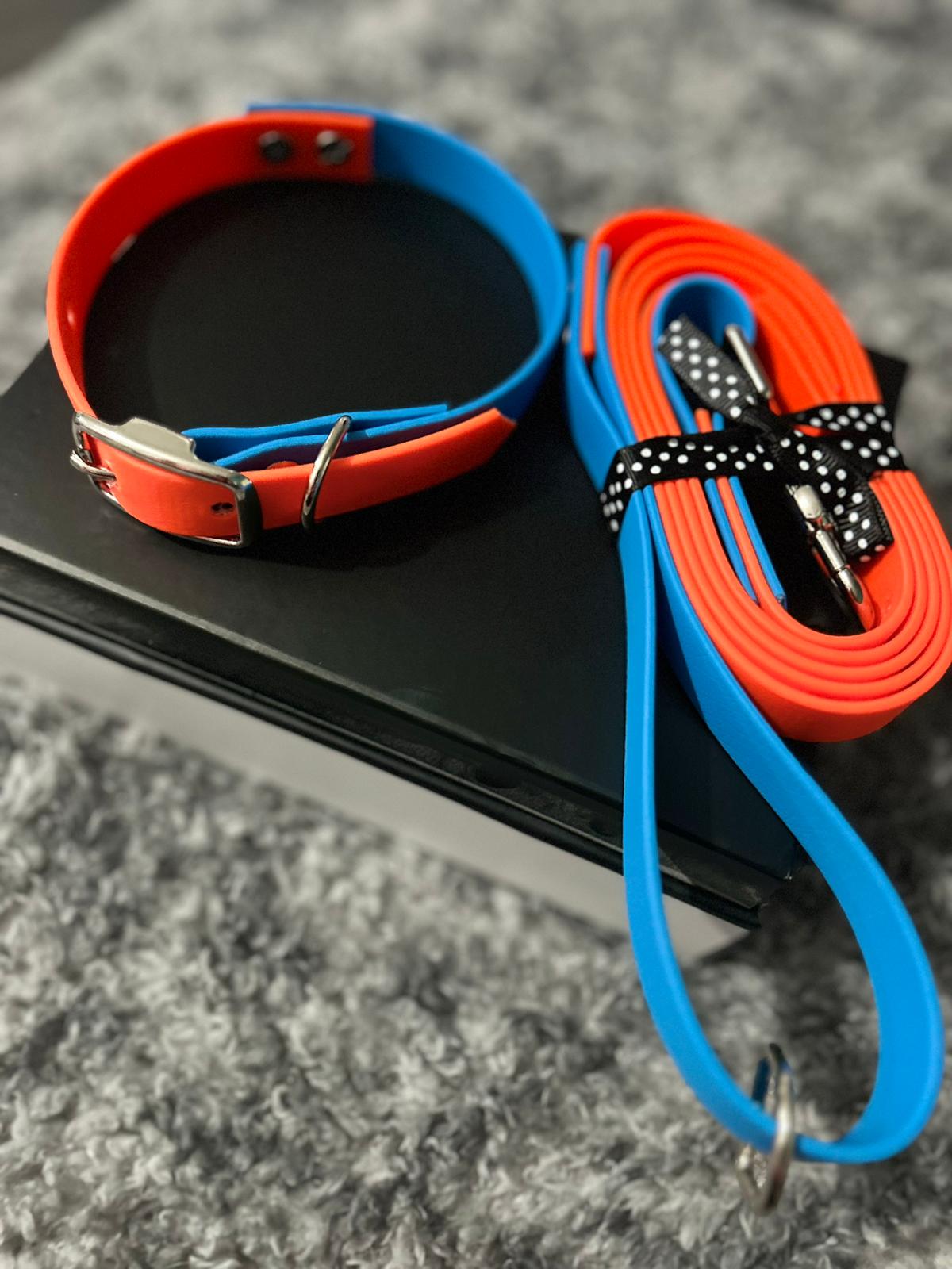 Dog lead and collar set - blue and orange